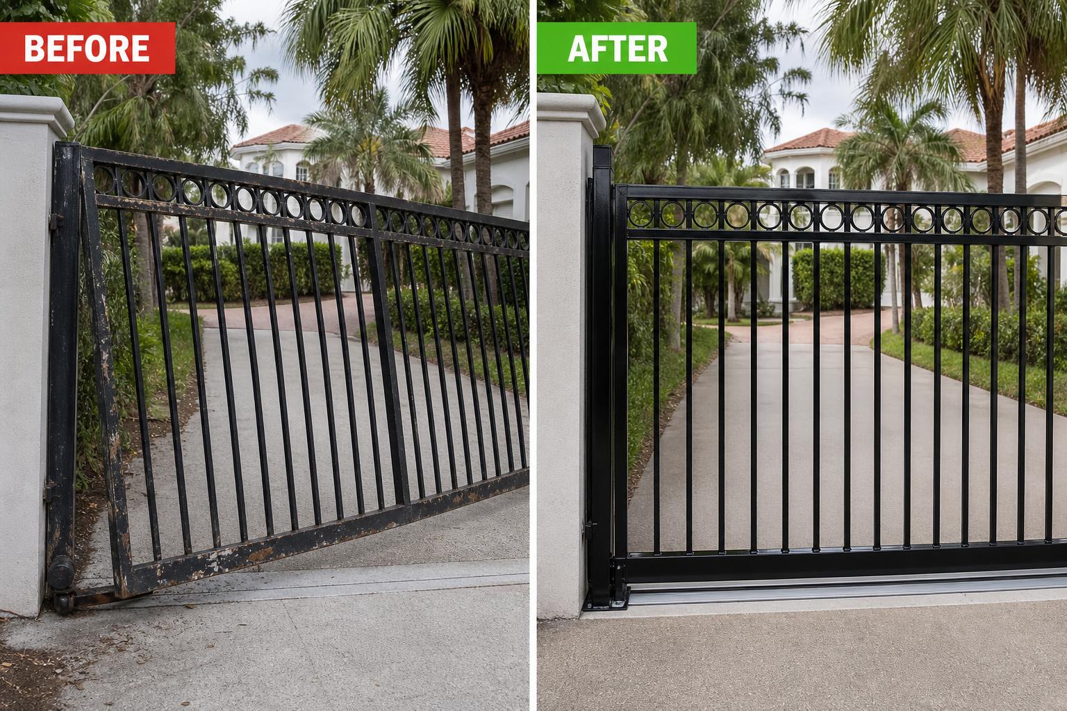 Before and after comparison of a gate repair showing damaged gate on the left and fully repaired gate on the right