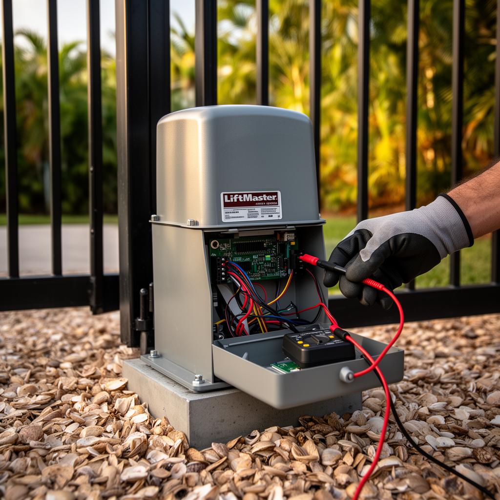 LiftMaster gate opener motor and control box being tested with a multimeter