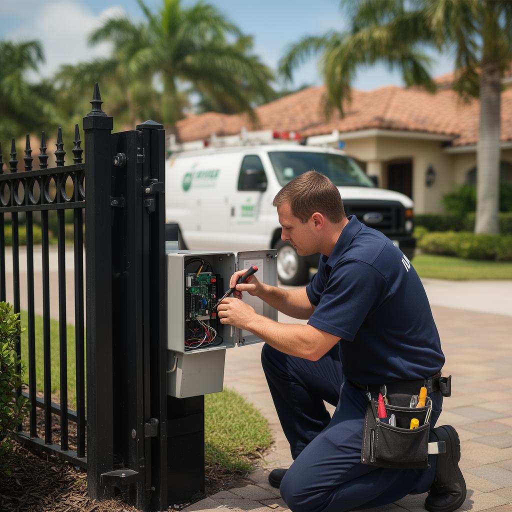 Florida gate repair technician servicing a wrought iron driveway gate control board