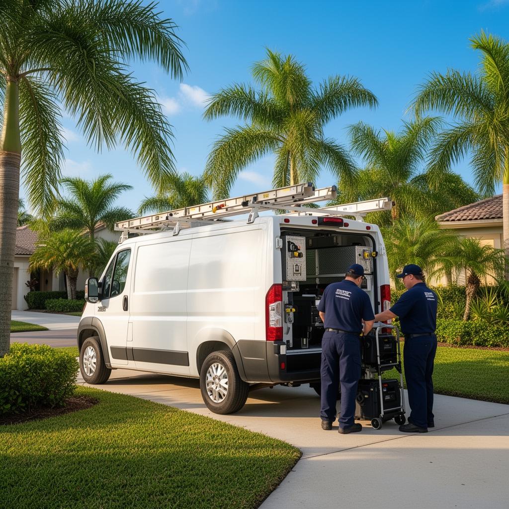 Florida Gate Repair Pros service van and two technicians unloading equipment