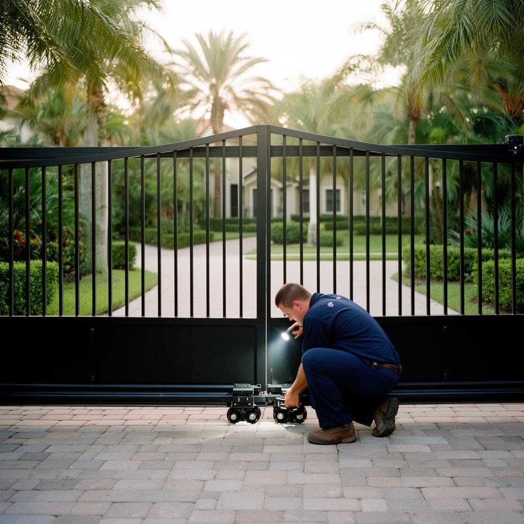 Technician inspecting the rollers of a sliding driveway gate in a Florida gated community