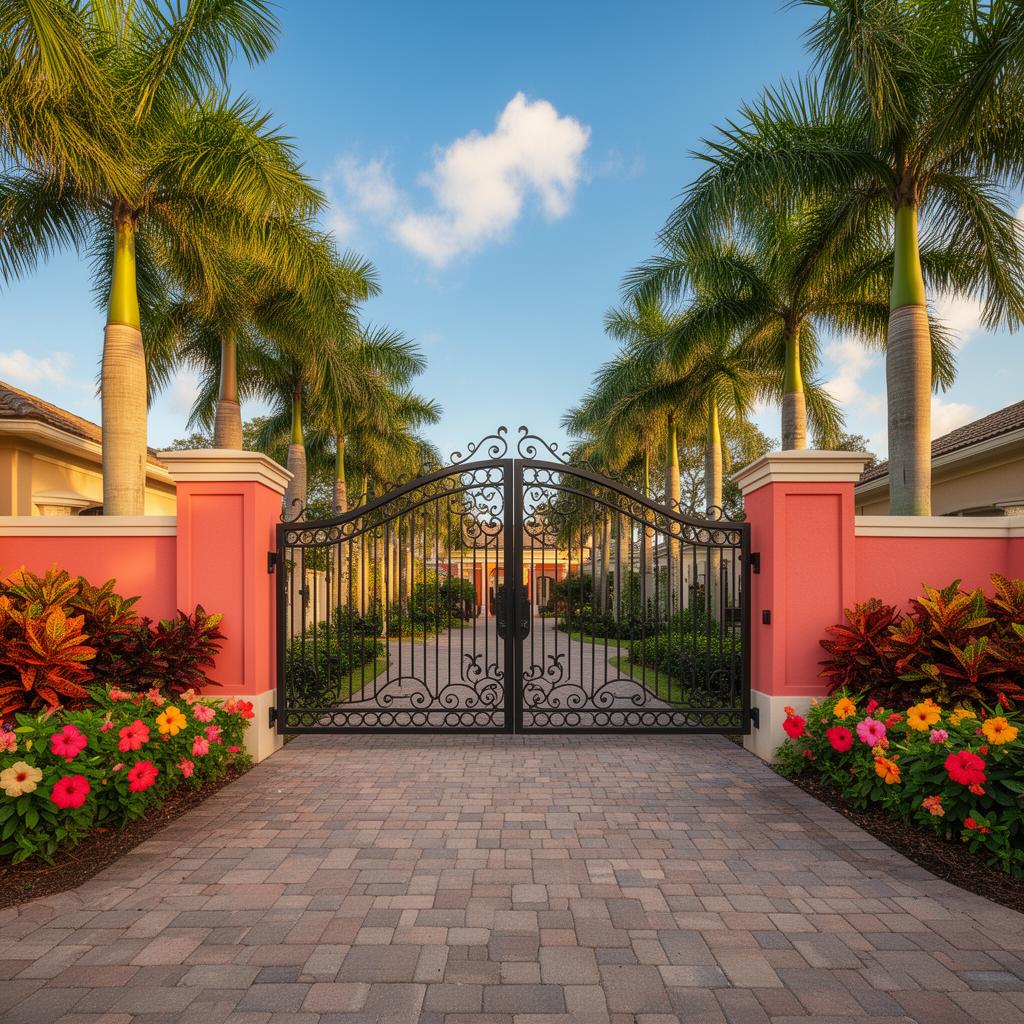 Black wrought iron double swing driveway gate at a Florida estate with palm trees